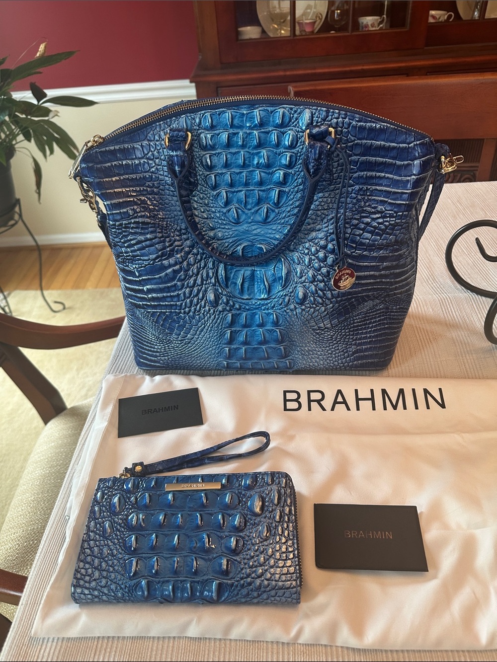 Brahmin large Duxbury blue with silver sheen mixed in  bag&wallet set